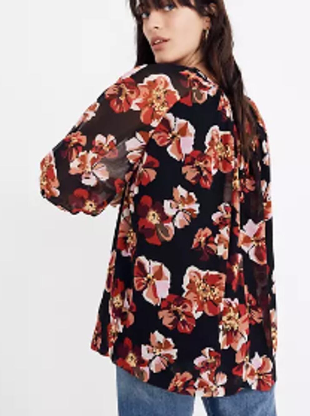 MADEWELL Tie-Back Bubble-Sleeve Top in French Rose XXS Black Floral